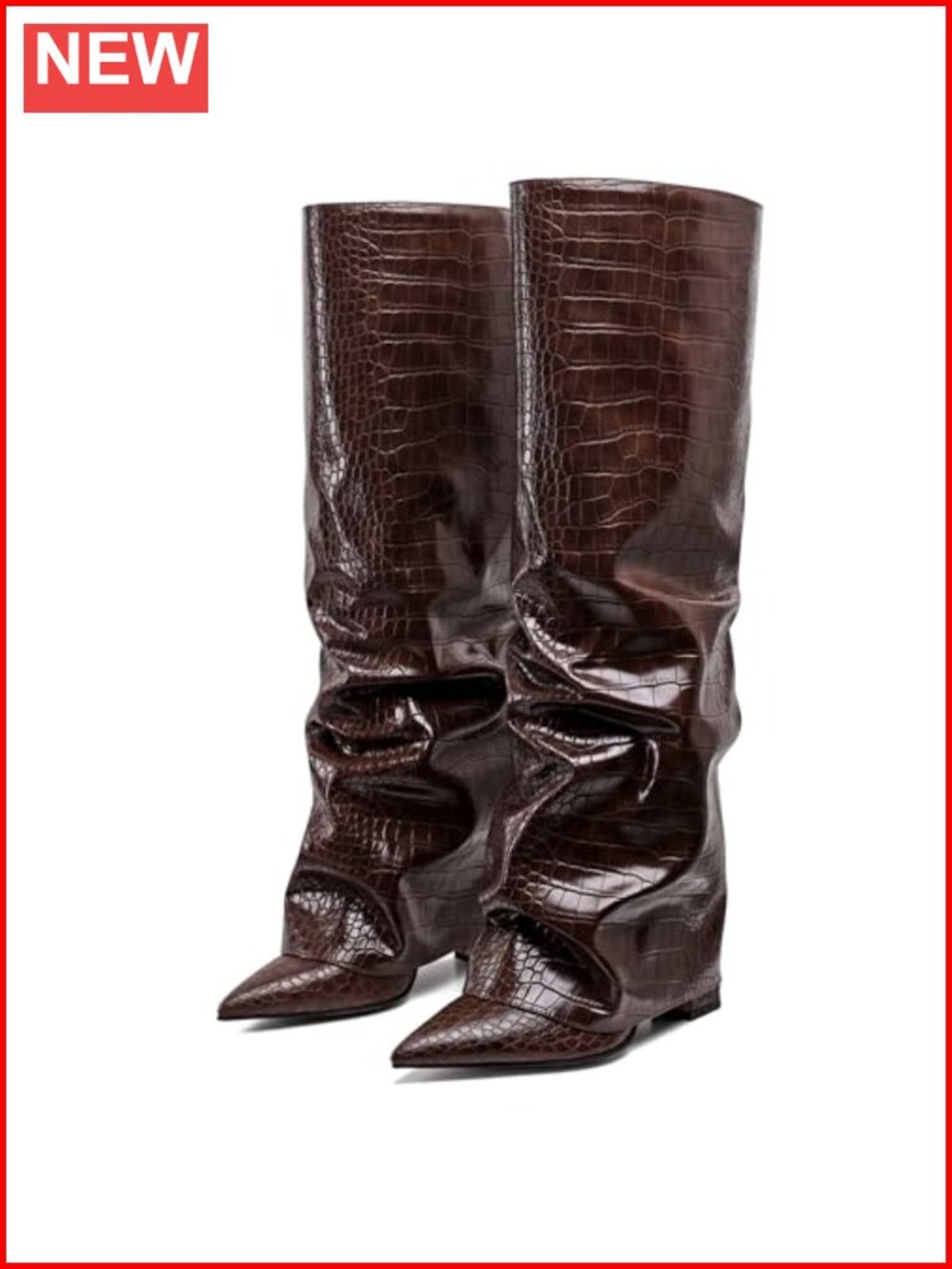 Croc Embossed Wide Calf Knee High Boots 10cm Chunky Block Heel Slip On